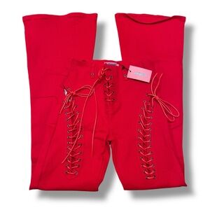 Edikted Women's Engine Red Flared Jeans Lace Up Rave Sz S NEW